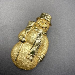 AJC Snowman Brooch Pin Brushed Gold Scarf & Broom